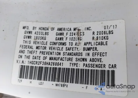 2017 Honda Accord Lx z USA, uszkodzony, nr VIN 1HGCR2F36HA268641